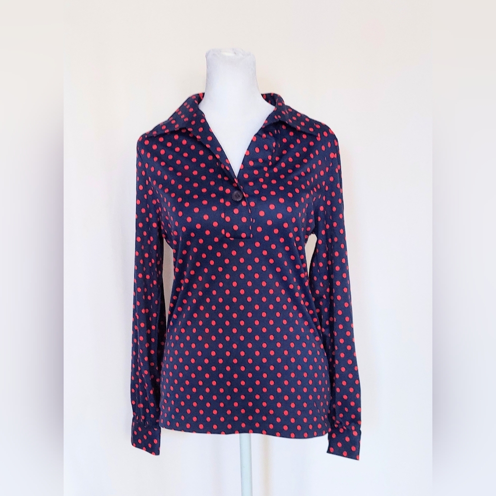 Andrew St. John V Neck Blue Red Polka Dot Top Shirt Size Medium Vintage